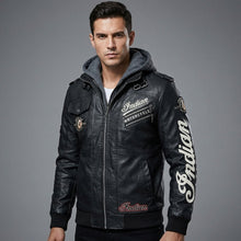 Load image into Gallery viewer, Men’s Indian-Style Leather Biker Jacket – Real Leather Hooded Moto Bomber
