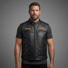 Laden Sie das Bild in den Galerie-Viewer, Herren Harley-Style Leder-Roadster-Weste – Premium Schwarzes Narbenleder

