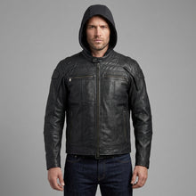 Load image into Gallery viewer, Men’s Hybrid Leather Hoodie Jacket – Harley-Style Hooded Moto Bomber
