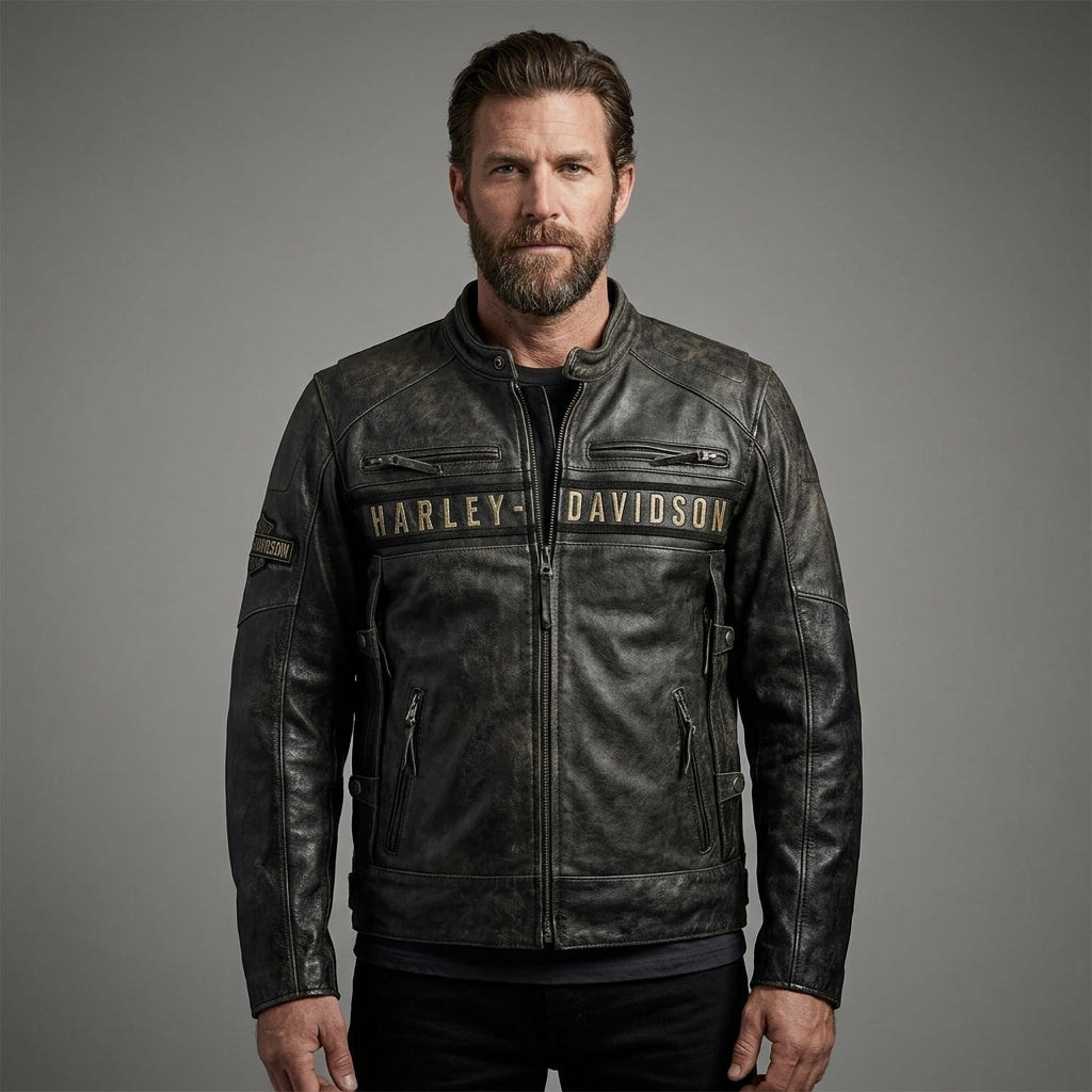 Herren Distressed Leder Bikerjacke – Harley Davidson Vintage Racing Moto Stil