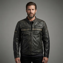 Load image into Gallery viewer, Men’s Distressed Leather Biker Jacket – Harely Davidson Vintage Racing Moto Style
