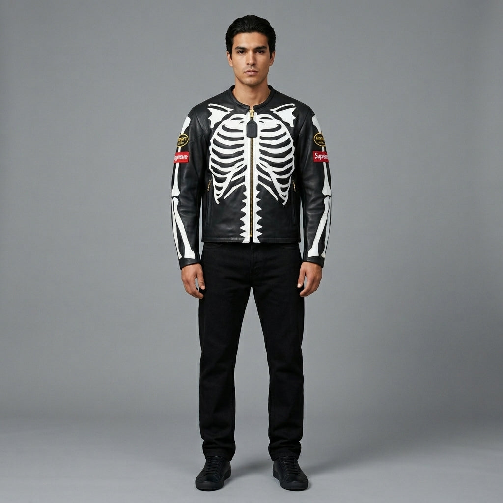 Herren Skelett Knochen Lederjacke – Echtes Leder Streetwear Biker Stil