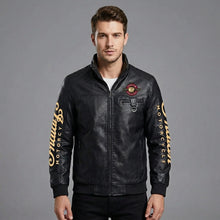 Load image into Gallery viewer, Men’s Indian-Style Leather Racing Jacket – Premium Black Moto Bomber
