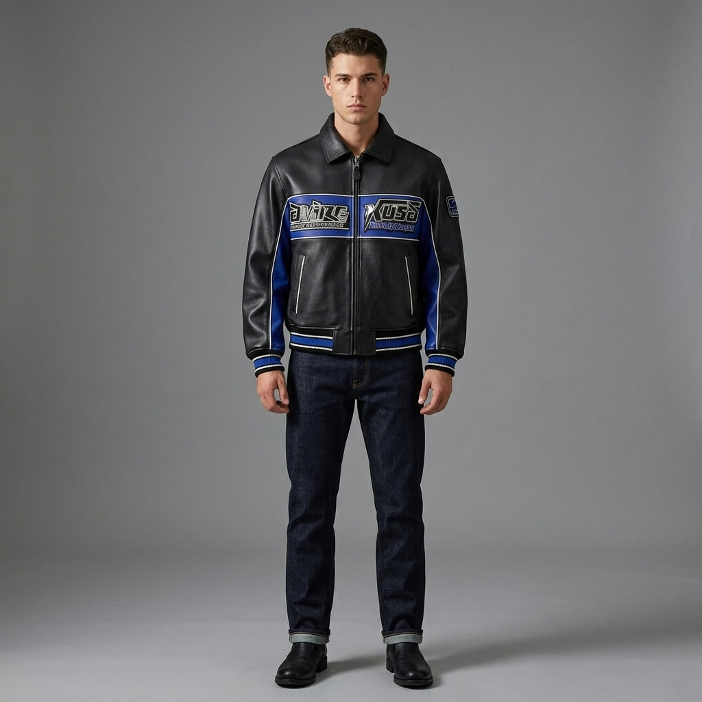 Herren Varsity-Jacke aus schwarzem und blauem Leder – Premium Urban Bomber Stil