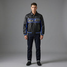 Laden Sie das Bild in den Galerie-Viewer, Herren Varsity-Jacke aus schwarzem und blauem Leder – Premium Urban Bomber Stil

