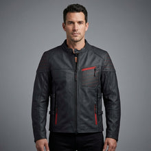 Load image into Gallery viewer, Men’s Matte Black Leather Biker Jacket – Red Stitch Harley Moto Style
