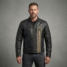 Load image into Gallery viewer, Men’s Harley-Style Leather Biker Jacket – Embroidered Star &amp; Script Design
