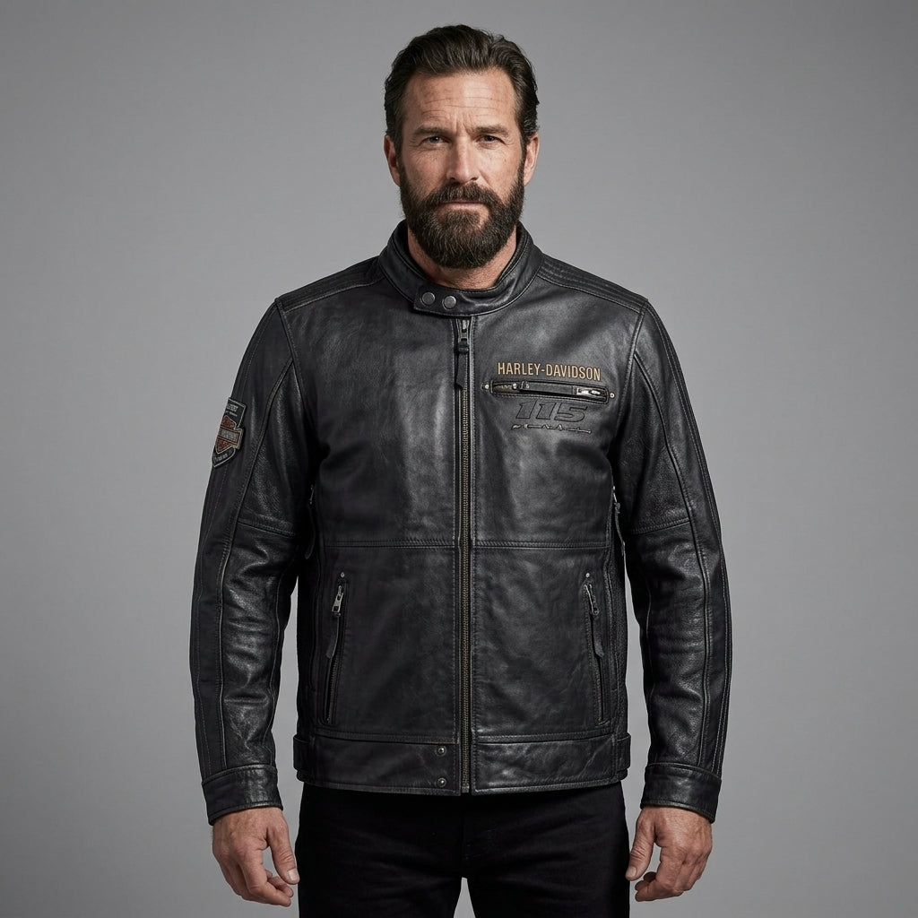 Vintage Harley-Stil Leder-Motorradjacke für Herren – Jubiläumsgrafik-Edition