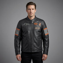 Load image into Gallery viewer, Men’s Harley-Davidson Style Black Leather Moto Jacket – Orange Script Edition
