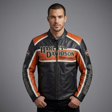 Laden Sie das Bild in den Galerie-Viewer, Herren Harley-Stil Leder-Racing-Jacke – Ikonische orange-schwarze Trikolor-Moto
