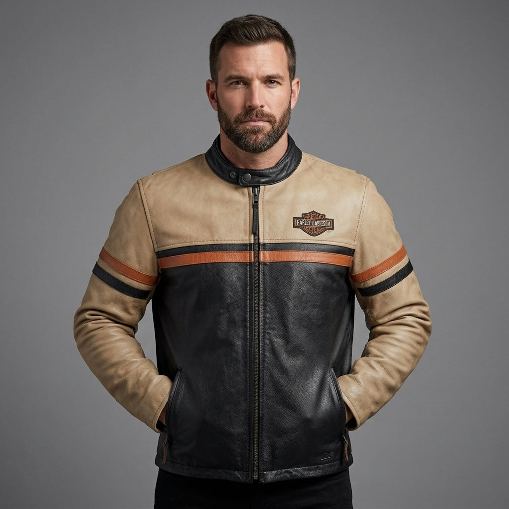 Harley-Style Motorrad-Lederjacke für Herren – Heritage Edition Cremefarben & Schwarz