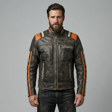 Load image into Gallery viewer, Men’s Retro Stripe Leather Riding Jacket – Limited Edition Moto Style
