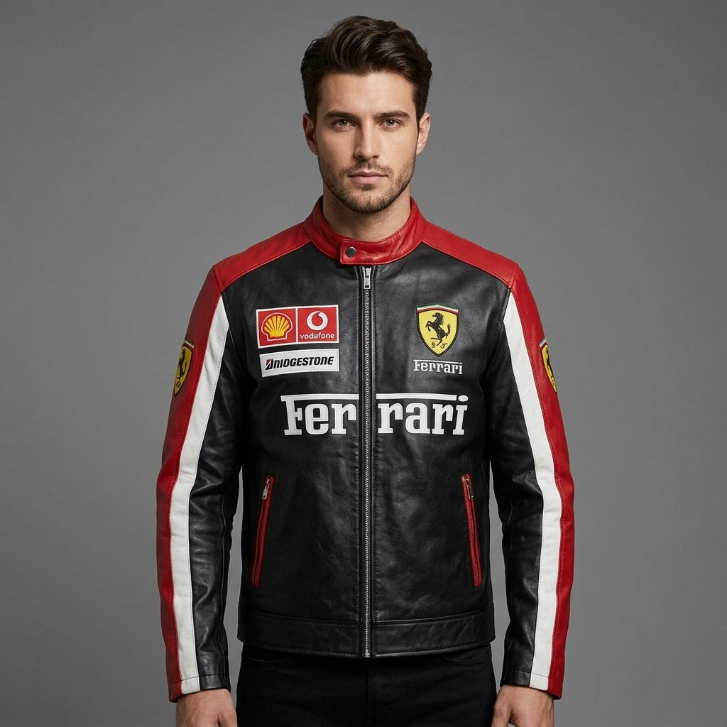 Herren Bikerjacke aus schwarzem und grauem Leder – Rennsport-Stil, echtes Leder