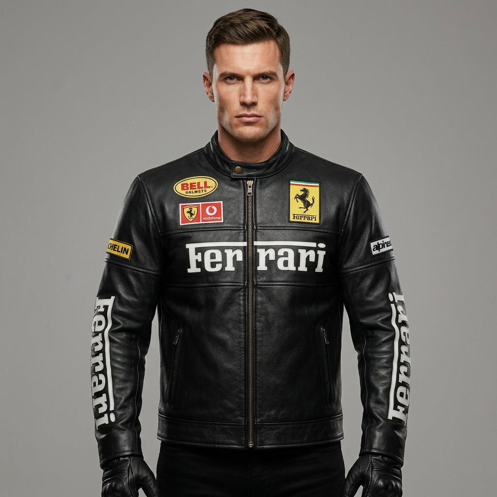 Leder-Rennsportjacke für Herren – Bestickte Brustschrift-Edition
