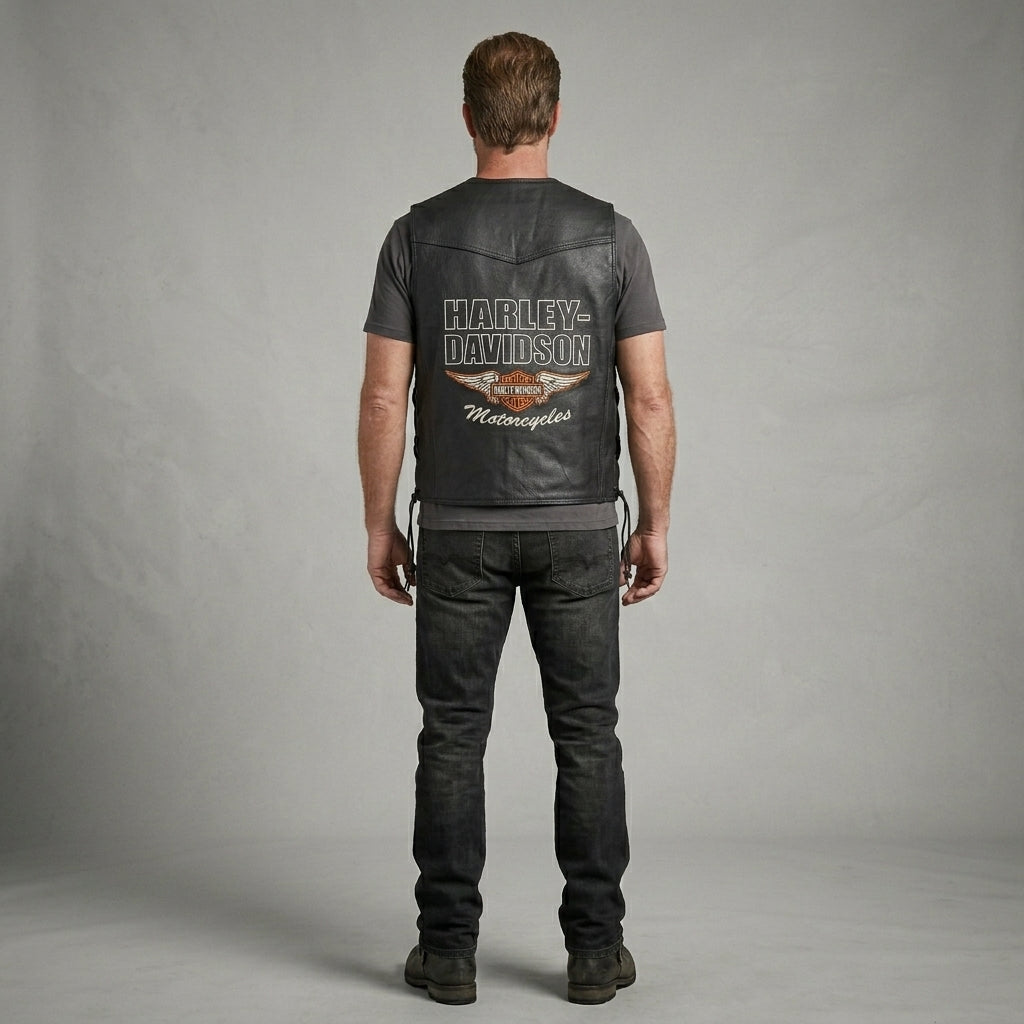 Men’s Harley-Style Leather Biker Vest – Real Leather Club Cut Snap Button