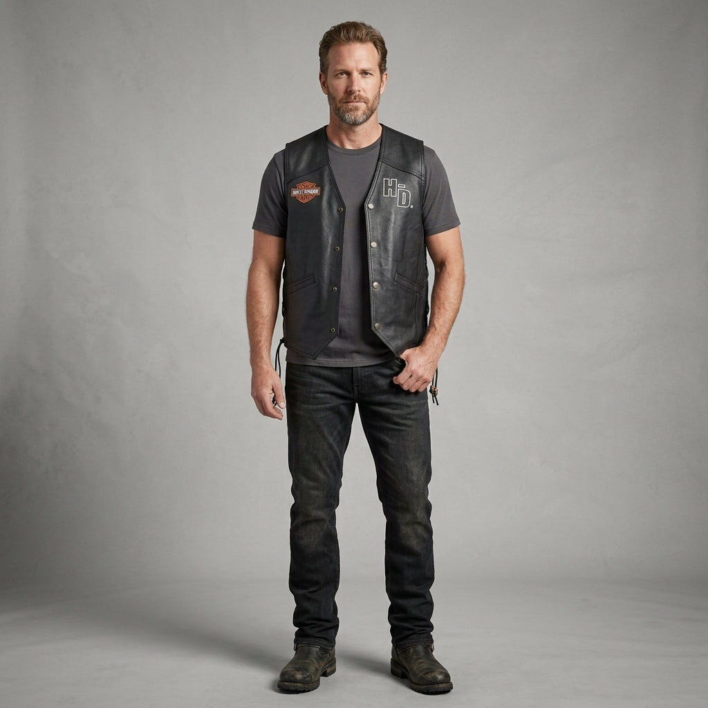 Men’s Harley-Style Leather Biker Vest – Real Leather Club Cut Snap Button