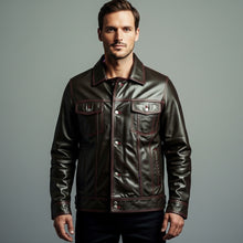 Load image into Gallery viewer, Men’s Brown Nappa Leather Bomber Jacket – Burgundy Piping Aviator Coat
