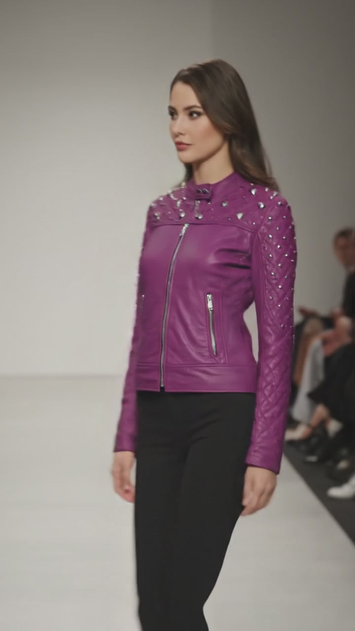 Royal Amethyst Quilted Leather Biker Jacket – Purple Moto with Gold Hardware