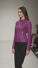 Load and play video in Gallery viewer, Royal Amethyst Quilted Leather Biker Jacket – Purple Moto with Gold Hardware
