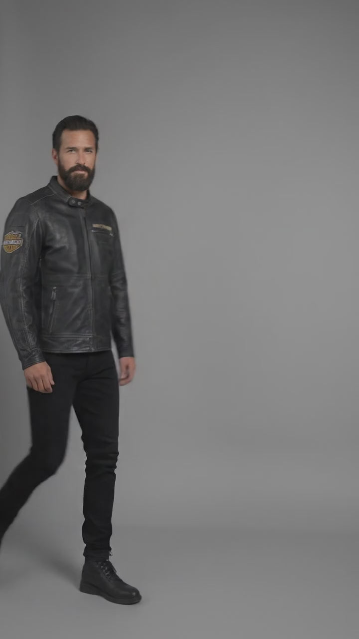 Vintage Harley-Stil Leder-Motorradjacke für Herren – Jubiläumsgrafik-Edition