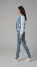 Load and play video in Gallery viewer, Women’s Baby Blue Cropped Varsity Jacket
