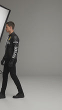 Load and play video in Gallery viewer, Men’s Leather Racing Jacket – Embroidered Chest Script Edition
