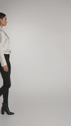 Women’s Black Cropped Leather Jacket – Gold Studded Moto Style