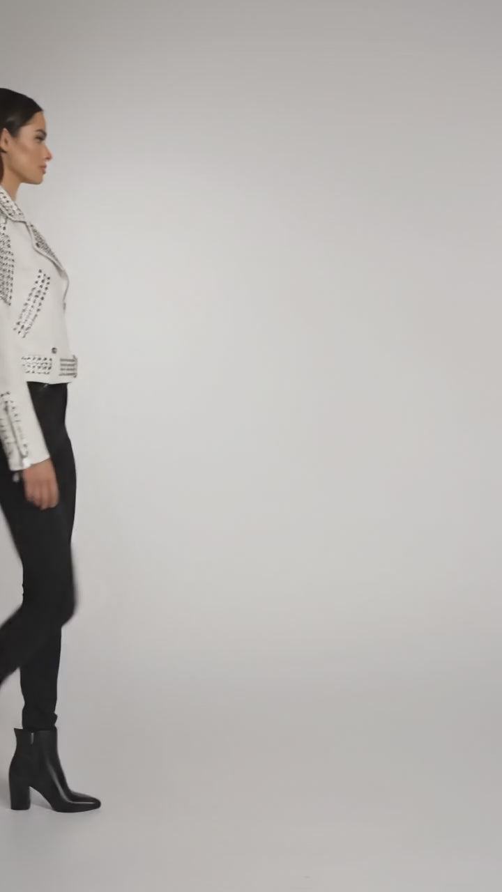 Women’s Black Cropped Leather Jacket – Gold Studded Moto Style