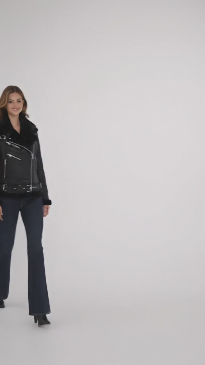 Women’s Moya V Black Shearling Aviator Moto Jacket