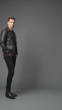 Load and play video in Gallery viewer, Men’s Black Studded Leather Biker Jacket – Genuine Moto Jacket with Silver Studs
