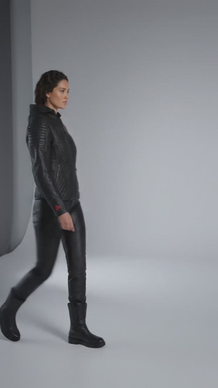 Motorradjacke aus Leder für Damen mit gerollten Totenköpfen – Harley Style Edition