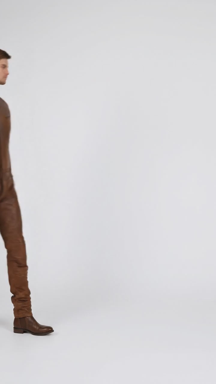 Men’s Brown Leather Racing Jumpsuit – Vintage Biker Moto Suit