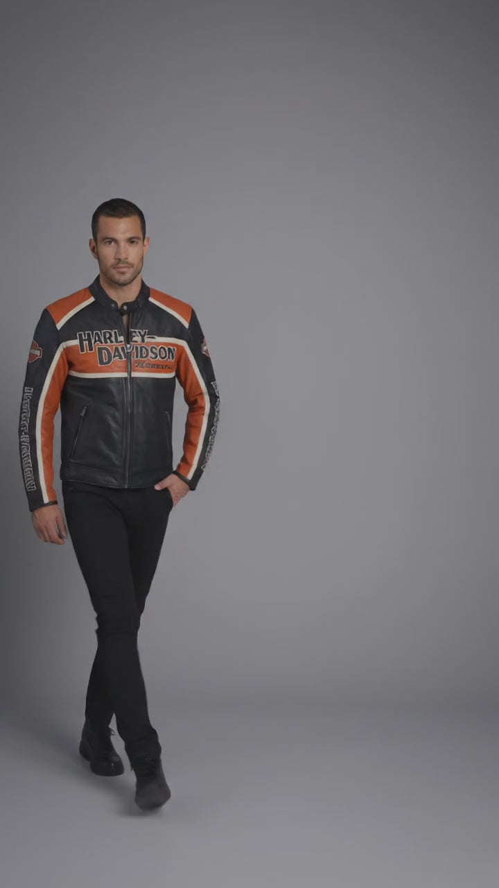 Herren Harley-Stil Leder-Racing-Jacke – Ikonische orange-schwarze Trikolor-Moto