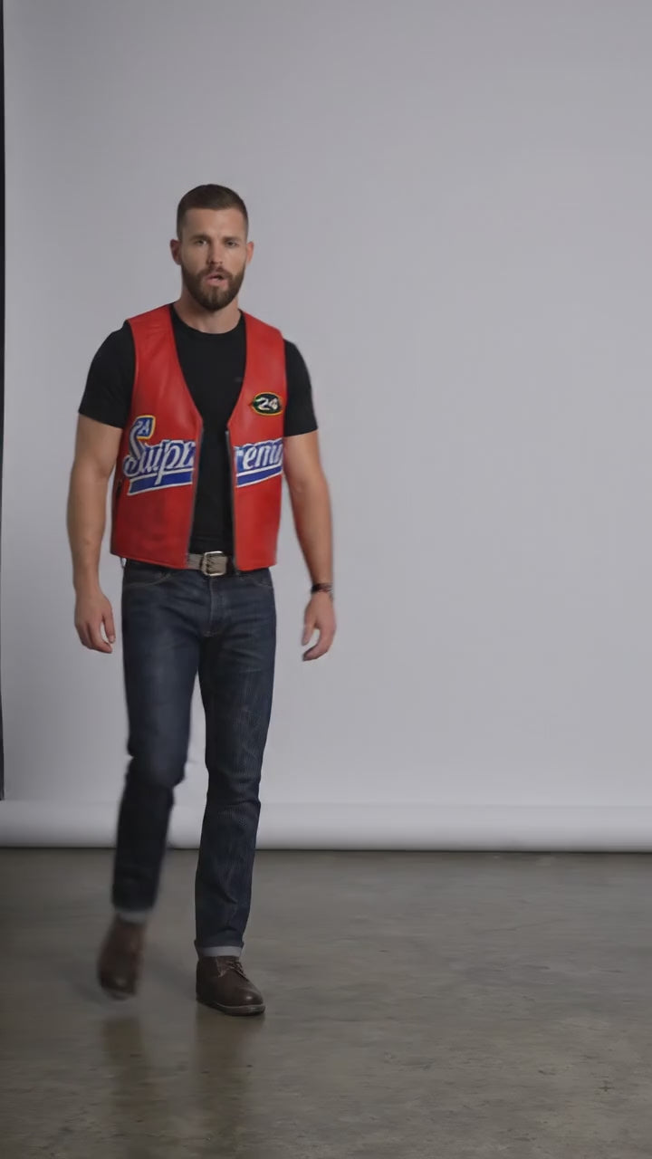 Red Spider Web Leather Vest – Bold Streetwear Biker Style
