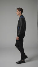 Load and play video in Gallery viewer, Men’s Black &amp; Royal Blue Leather Bomber Jacket – Two-Tone Varsity Style
