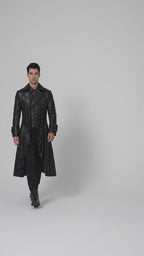Herren schwarzer Steampunk Gothic Ledersmoking – Viktorianischer langer Mantel