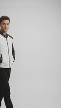 Load and play video in Gallery viewer, Men’s Two-Tone Cafe Racer Leather Jacket – Black &amp; White Moto Style
