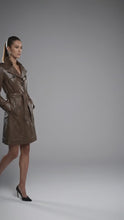 Load and play video in Gallery viewer, Women’s Brown Leather Trench Coat – Elegant Classic Long Overcoat
