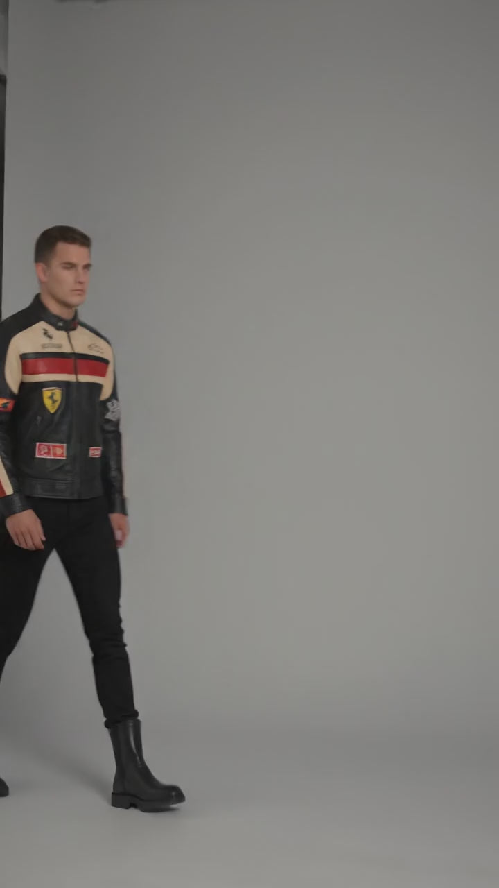 Herren Motorradjacke aus schwarzem Leder – Rennsport-Stil mit orangefarbenen und grauen Akzenten