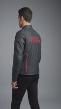 Load and play video in Gallery viewer, Men’s Matte Black Leather Biker Jacket – Red Stitch Harley Moto Style
