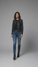 Load and play video in Gallery viewer, Women’s Black Studded Leather Biker Jacket – Genuine Moto Jacket with Silver Studs
