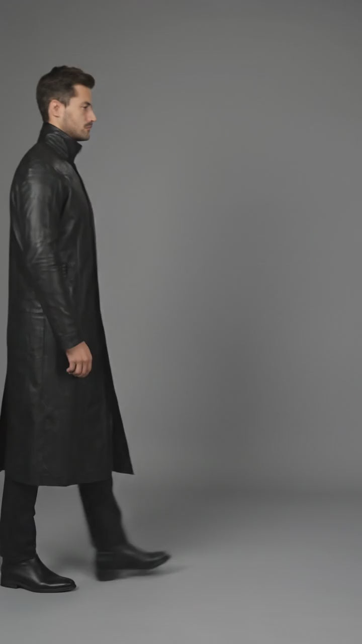 Men’s Deux Black Leather Duster Coat – Classic Long Western Overcoat