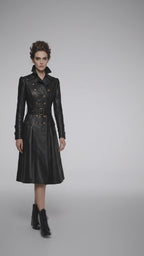 Women’s Black Gothic Victorian Leather Trench Coat – Elegant Long Statement Coat