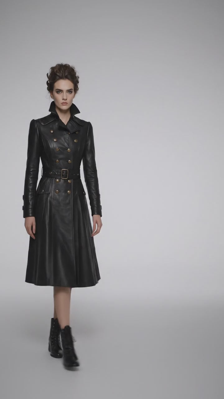 Women’s Black Gothic Victorian Leather Trench Coat – Elegant Long Statement Coat