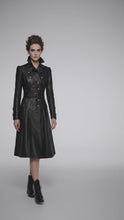 Laden und Abspielen von Videos im Galerie-Viewer, Damen Schwarzer Gothic Viktorianischer Leder-Trenchcoat – Eleganter Langer Statement-Mantel
