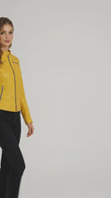 Load and play video in Gallery viewer, Women’s Yellow Sheepskin Cafe Racer Leather Jacket

