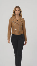 Women’s Brown Belted Moto Leather Jacket