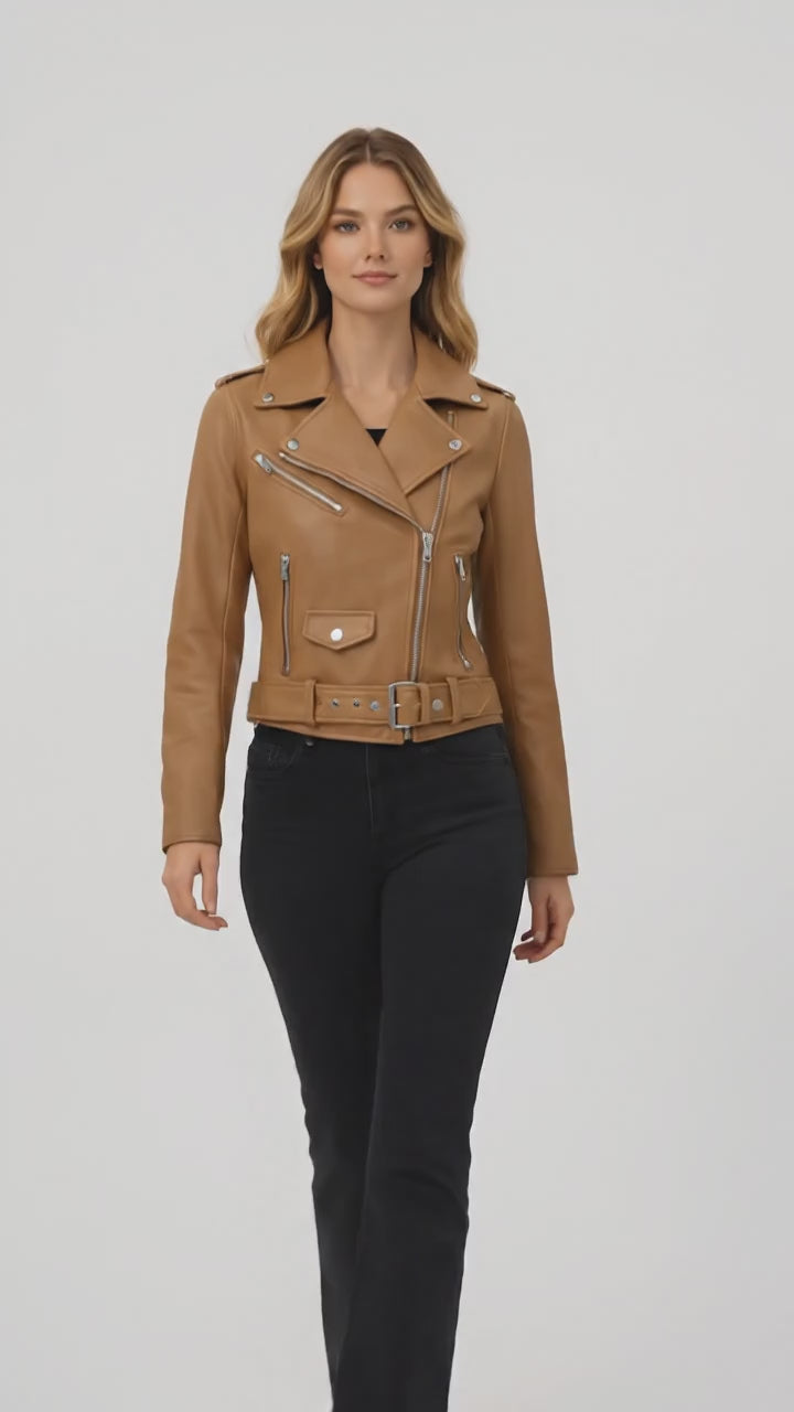Women’s Brown Belted Moto Leather Jacket