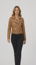 Load and play video in Gallery viewer, Women’s Brown Belted Moto Leather Jacket
