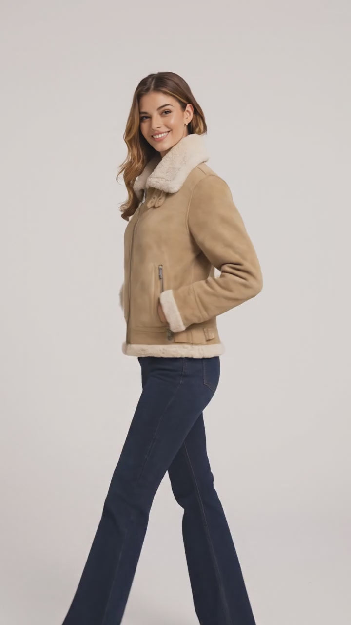 Women's Light Beige Lambskin Aviator Jacket